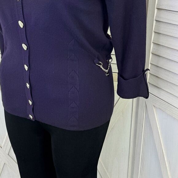 Peck & Peck Collection V Neck Chain Detail Cardigan Sweater Purple XL Button - Picture 6 of 11